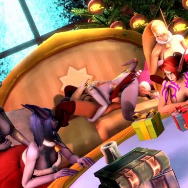 69, 6girls, animated, areolae, bell collar, blonde hair, blood elf, blue hair, breasts, christmas, christmas outfit, christmas tree, collar, doggy style, draenei