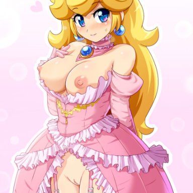 blonde hair, blue eyes, blush, breasts, crown, dress, earrings, female, frilly dress, functionally nude, heart, jewelry, konpeto, looking at viewer, nintendo