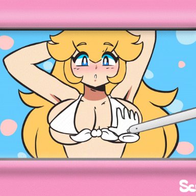 1girls, animated, big breasts, blonde hair, blue eyes, breast grab, disembodied hand, female, female only, large breasts, nintendo ds, princess peach, scruffmuhgruff, super mario bros.