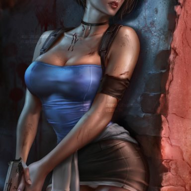 1girls, absurdres, breasts, cleavage, female, female only, jill valentine, logan cure, pinup, resident evil, resident evil 3, solo