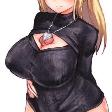 autopaizuri, black legwear, black sweater, blonde hair, blush, bottomless, breasts, calpish, convenient censoring, covered nipples, eyebrows visible through hair, female, futanari, heart, heart necklace