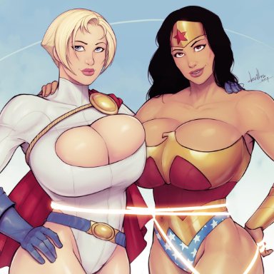 2girls, abs, breast press, breasts, cleavage, dc, devil hs, diana prince, female, female only, huge breasts, karen starr, leotard, looking at viewer, muscles