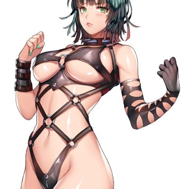 alternate costume, blush, breasts, cosplay, dominatrix, embarrassed, female, fubuki, green eyes, green hair, heart, impossible clothes, kaijin hime do-s, large breasts, onepunch man