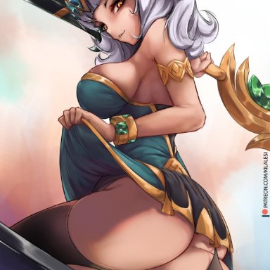 1girls, ass, big breasts, breasts, female, female only, kilalesi, large breasts, league of legends, looking at viewer, looking back, qiyana, solo