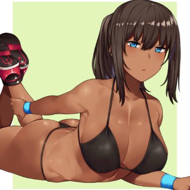 ass, black hair, blue eyes, dark skin, dark-skinned female, dat ass, hai ookami, large breasts, looking at viewer, on floor, open mouth, original, shoes, short hair, stretching