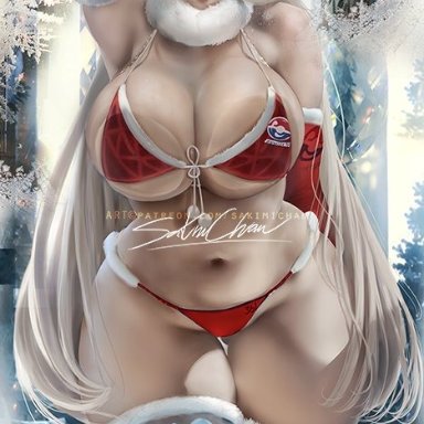 1girls, alternate breast size, alternate outfit, belly, big breasts, blonde hair, bra, breasts, christmas, christmas outfit, chubby, cleavage, elbow gloves, eye contact, female