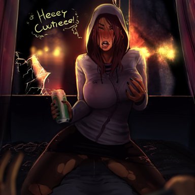 beer can, breast grab, breasts, broken window, clothed, drunk, earrings, english text, hairy, hairy pussy, hoodie, horror, incase, large breasts, lipstick