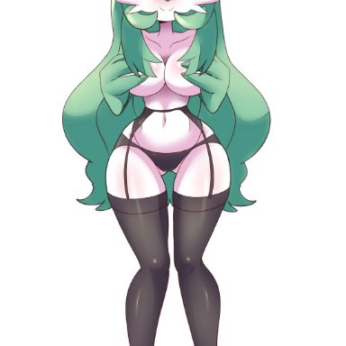 1girls, alternate hairstyle, anthro, blushing, closed mouth, covering breasts, eye contact, female, full body, gardevoir, garter belt, garter straps, green hair, lingerie, long hair