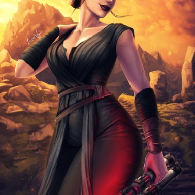 1girl, 1girls, 2019, background, bandage, black hair, cleavage, clothed, curvy, disney, double bladed lightsaber, female, female focus, female only, jedi