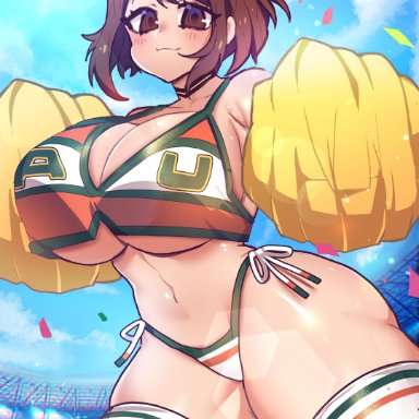 bikini bottom, bikini top, cheerleader, cheerleader uniform, huge breasts, my hero academia, ochako uraraka, osiimi, pom poms, thick thighs, thighhighs