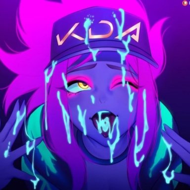 ahe gao, akali, color, cum in mouth, cum on face, facial, glow in the dark, glowing cum, k/da akali, k/da series, league of legends, tofuubear