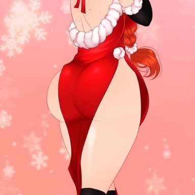 1girls, antlers, armwear, ash, ash (r6s), ass, big ass, bow tie, christmas, dress, earrings, eliza cohen, freckles, green eyes, high heels