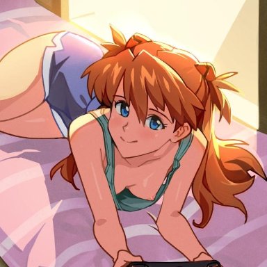 1girls, asuka langley sohryu, bed, blue eyes, breasts, female, game console, hair ornament, human, long hair, looking at viewer, neon genesis evangelion, nipples, optionaltypo, orange fur