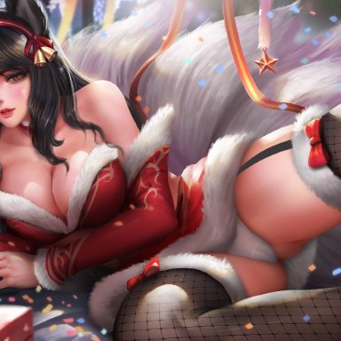 1girls, ahri, alternate costume, big breasts, breasts, christmas, cleavage, female, female only, large breasts, league of legends, panties, snowdown, snowdown showdown series, solo