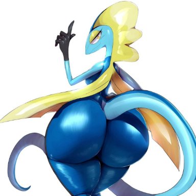 2019, 5 fingers, ambiguous gender, anthro, ass, back, big ass, big eyes, black scales, black skin, blue scales, blue skin, eye contact, eyelashes, game freak