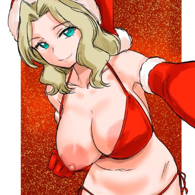 absurdres, areola slip, areolae, armpit peek, bikini, blonde hair, blue eyes, blush, breasts, cameltoe, christmas, cleavage, closed mouth, collarbone, elbow gloves