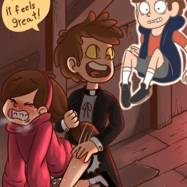 1girls, 2girls, ass slap, bill cipher, bottomless, braces, brother and sister, clothed, clothed sex, clothes, clothing, crying, dipper pines, doggy style, gravity falls