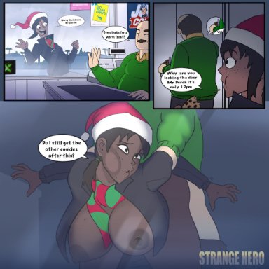 1boy, 1girls, against wall, against window, ambiguous penetration, bald, bending over, bent over, big breasts, bleached, christmas, clothed, clothed sex, clothing, comic