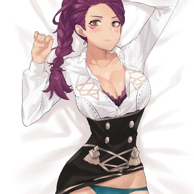 [email protected], 1girls, bra, cleavage, fire emblem, fire emblem: three houses, lying down, panties, petra (fire emblem), ponytail, purple hair, skirt up, solo female, thighs