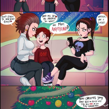 2girls, age difference, bondage, brother and sister, christmas, christmas tree, comic, hair pull, incest, milf, mother and son, original characters, ribbon, ribbon bondage, shadman