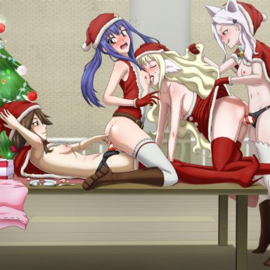 blonde hair, blue hair, brown hair, cake, charle (fairy tail), christmas, doggy style, fairy tail, finger in ass, licking, mavis vermilion, nekomimi, reverse cowgirl position, santa hat, scy 25