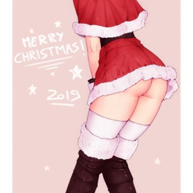 1girls, ass, bluefield, christmas, female, female only, high heel boots, high heels, looking at viewer, looking back, ruby rose, rwby, solo, thighhighs