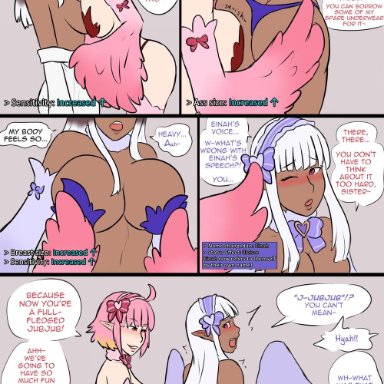 big breasts, bimbo, bimbofication, blue hair, blue wings, breasts, brown skin, comic, corruption, dark-skinned male, dialogue, gender transformation, genderswap (mtf), jubjub, jubjub (monster girl encyclopedia)