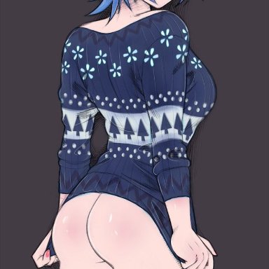 aqua (kingdom hearts), blue hair, bottomless, christmas, christmas sweater, dat ass, kingdom hearts, kingdom hearts birth by sleep, tabletorgy