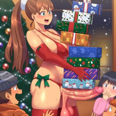 1futa, age difference, big penis, bikini, censored, christmas, covered nipples, dated, dickgirl, erection, exibitionism, exposed balls, exposed penis, futanari, huge breasts