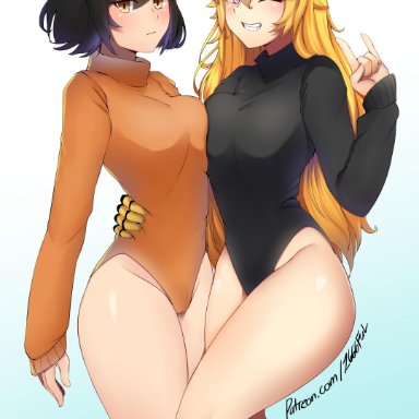 2girls, absurdres, blake belladonna, female, female only, highres, leotard, looking at viewer, rwby, uncensored, yang xiao long, z666ful