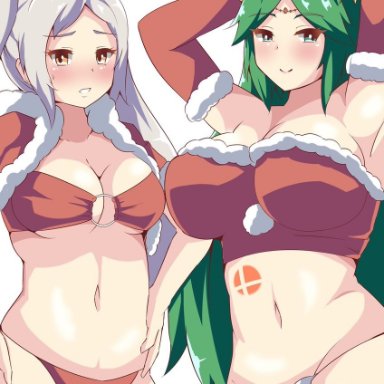 2girls, bikini, blush, body markings, breasts, christmas, clothed, clothes, clothing, fire emblem, fire emblem: awakening, gloves, green eyes, green hair, kid icarus