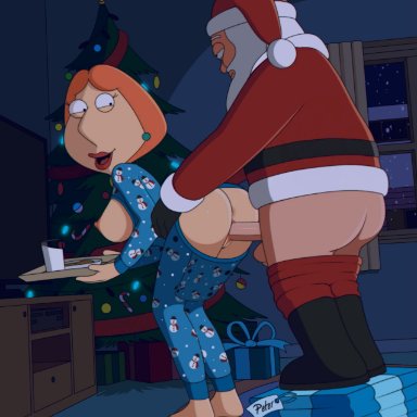 1boy, 1girls, animated, anus, ass, barefoot, breasts, butt flap, christmas, christmas tree, cookie, earring, earrings, family guy, female