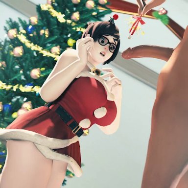 1boy, 1girl, 3d, animated, asian female, big penis, blowjob, brown eyes, brown hair, christmas, christmas outfit, christmas tree, clothed female nude male, drool, facefuck