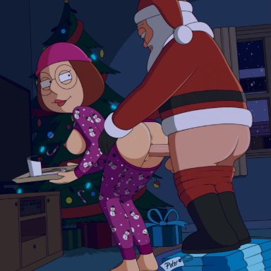1boy, 1girls, animated, anus, ass, barefoot, beanie, breasts, brown hair, butt flap, christmas, christmas tree, cookie, family guy, female
