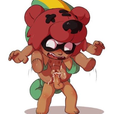 1boy, 1girl, bear, Brawl Stars, brother and sister, Leon (Brawl Stars), Nita (Brawl Stars), penis