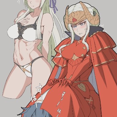 3girls, blush, byleth (fire emblem), clothed, edelgard von hresvelgr (fire emblem), fire emblem, fire emblem: three houses, hand on breasts, hidden, holding head, looking down, mikoyan, sweat, underneath clothing, underwear
