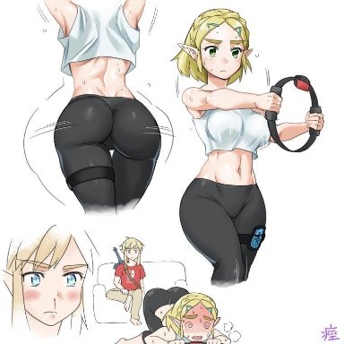 1boy, 1girls, abs, alternate outfit, armpits, ass, ass shake, ass up, back, belly, big breasts, blonde hair, crop top, crossover, half-closed eyes