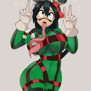 ahe gao, big breasts, black hair, candy cane, gloves, green clothing, heart, long tongue, my hero academia, peace sign, peace symbol, postblue98, ribbon, simple background, thick thighs