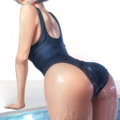 ?, ass, big ass, blindfold, dat ass, female, female only, high resolution, highres, looking back, mole, mole under mouth, nier (series), solo, swimsuit