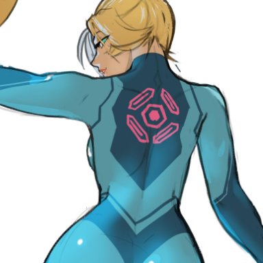 ass, back, blonde hair, bodysuit, clothed, female, from behind, hair aside, kenjanoishi, looking at viewer, looking over shoulder, metroid, ponytail, pose, raised arm