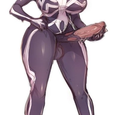 dark-skinned futanari, futanari, inkbuns, large breasts, large penis, parasite, she-venom, solo focus, solo futa, symbiote, tongue, tongue out