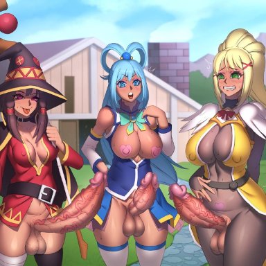 3futas, aqua (konosuba), balls, breasts, darkness (konosuba), erection, futa only, futanari, huge cock, kono subarashii sekai ni shukufuku wo!, large breasts, looking at viewer, lycra (artist), megumin, nipples