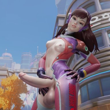 1futa, 3d, areolae, balls, big penis, blender, breasts, d.va, dickgirl, futa only, futanari, looking at viewer, nipples, overwatch, penis