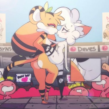 2girls, animated, anthro, areolae, ass, audience, big ass, blush, breasts, diives, dou (diives), female, fighting ring, french kissing, humiliation