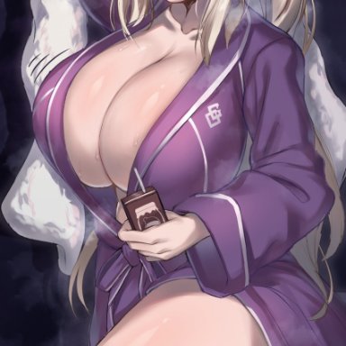 1girls, artoria pendragon (all), artoria pendragon (lancer alter), blonde hair, breasts, cleavage, fate (series), fate/grand order, hirasawa seiji, huge breasts, long hair, looking at viewer, ponytail, robe, solo