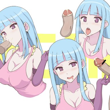 bangs, bar censor, bare shoulders, blue hair, blunt bangs, blush, breasts, censored, cleavage, clothed female nude male, collarbone, cum, cum in mouth, disembodied penis, dress