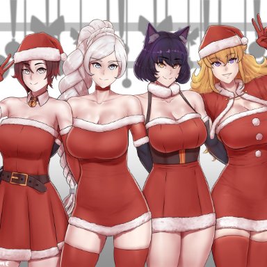 4girls, absurdres, aestheticc-meme, big breasts, blake belladonna, blonde hair, breasts, christmas, cleavage, female, female only, highres, large breasts, looking at viewer, ruby rose