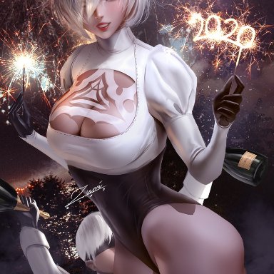 1girls, alcohol, big breasts, breasts, cleavage, female, large breasts, looking at viewer, new year, nier, nier: automata, solo, thighhighs, yorha 2b, yorha 9s