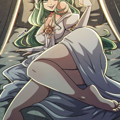 crazy eyes, female, female only, fire emblem, fire emblem: three houses, gem, green eyes, green hair, hair ornament, in bed, jewelry, kinkymation, long hair, looking at viewer, nintendo