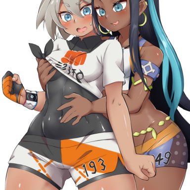 2girls, abs, ass, bea (pokemon), blonde hair, blue eyes, blue hair, blush, bodysuit, bracelet, breast grab, breasts, clothed, dark skin, dark-skinned female